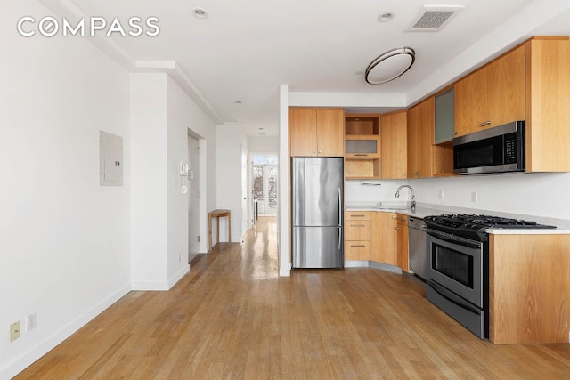 kitchen featuring appliances with stainless steel finishes, sink, and light hardwood / wood-style flooring