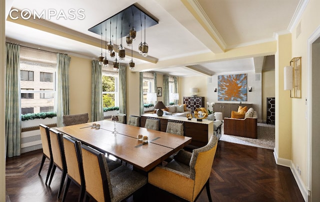 dining room with crown molding, dark parquet flooring, and beam ceiling