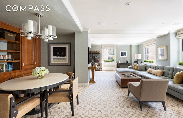 dining area with a wealth of natural light, a chandelier, light carpet, and crown molding