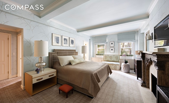 bedroom with wallpapered walls, beam ceiling, a fireplace, and ornamental molding