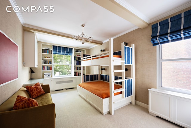 bedroom with beam ceiling, light carpet, ornamental molding, radiator, and an inviting chandelier