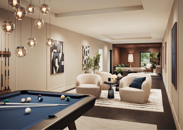 370 Lenox Ave Unit 609, New York City, NY 10027 - recreation room with a raised ceiling, a decorative wall, billiards, and recessed lighting