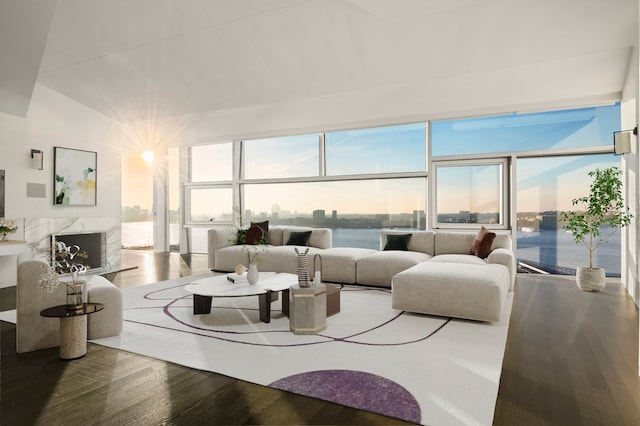 living room featuring a water view, wood-type flooring, a high end fireplace, and a wealth of natural light