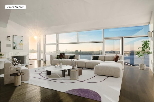 living room featuring a water view, wood-type flooring, and a premium fireplace