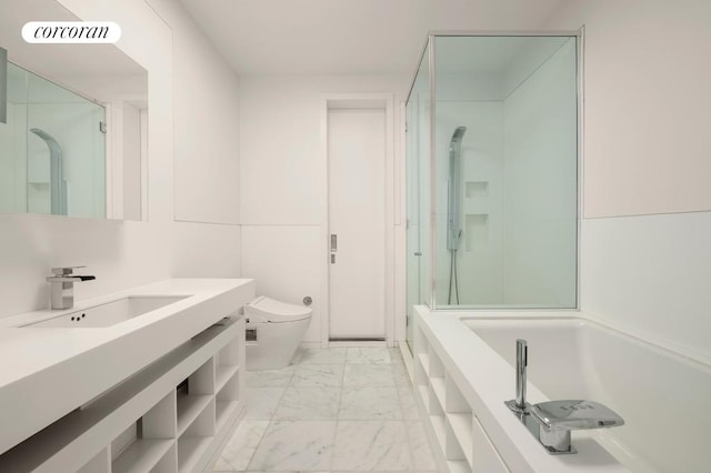 bathroom with a garden tub, a shower with shower door, toilet, vanity, and marble finish floor