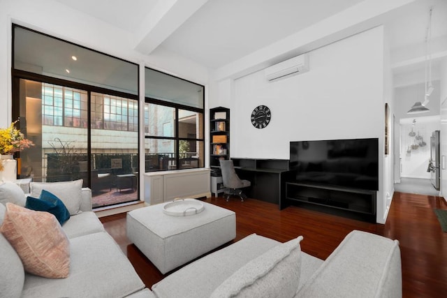 living room featuring a wall mounted AC, built in desk, dark hardwood / wood-style flooring, beamed ceiling, and a healthy amount of sunlight