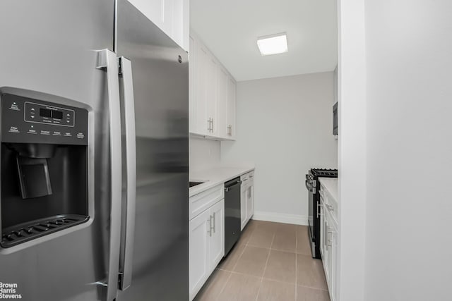 kitchen featuring black range with gas stovetop, dishwasher, stainless steel refrigerator with ice dispenser, light tile patterned flooring, and white cabinets