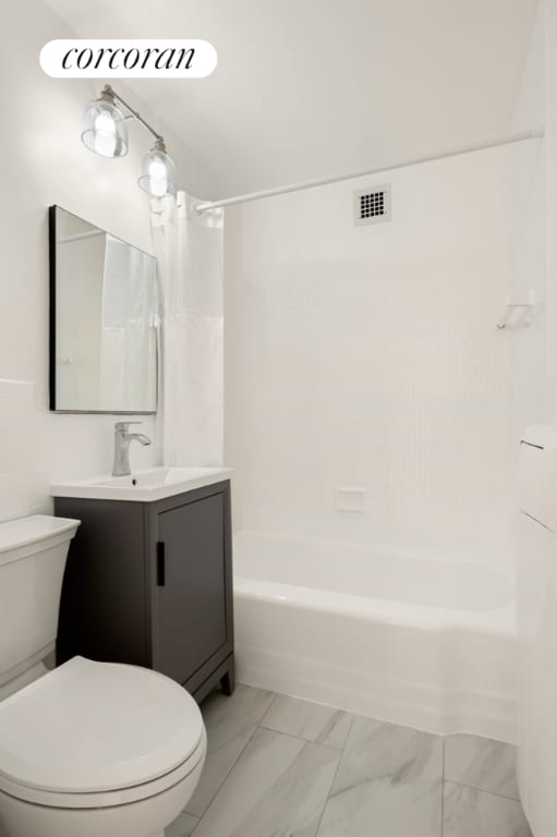 full bathroom with marble finish floor, visible vents, toilet, vanity, and  shower combination