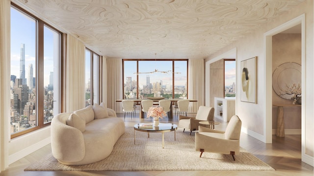 living area with plenty of natural light, baseboards, a city view, and wood finished floors