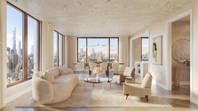201 E 74th St Unit 12A, New York City, NY 10021 - living area with a skyline view, healthy amount of natural light, wood finished floors, and a chandelier