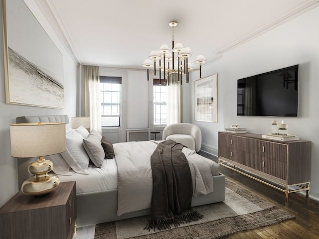 bedroom featuring dark wood-type flooring, ornamental molding, and an inviting chandelier