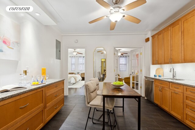 bedroom with crown molding, ceiling fan, and dark hardwood / wood-style flooring