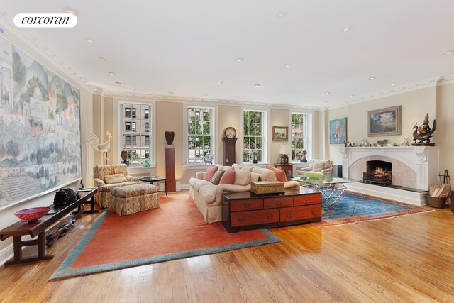 living room featuring ornamental molding and light hardwood / wood-style floors