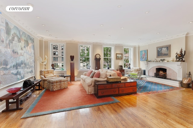 living room with ornamental molding and light hardwood / wood-style flooring