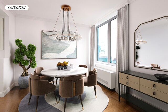 living room with crown molding, dark parquet flooring, and a notable chandelier