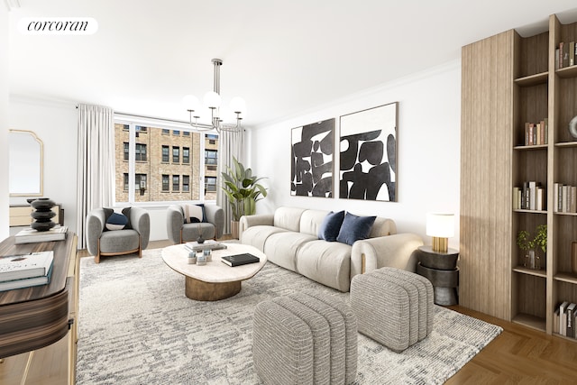 living room featuring visible vents, an inviting chandelier, and crown molding