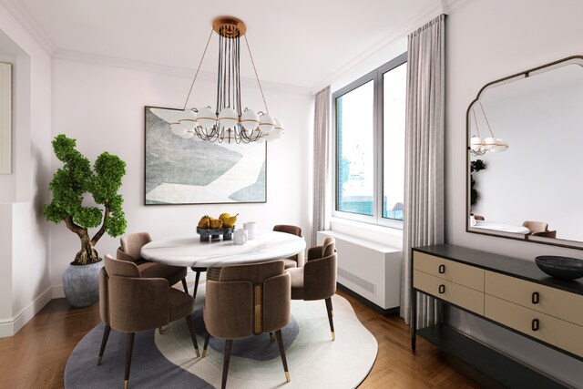 dining space with crown molding, dark parquet flooring, and an inviting chandelier