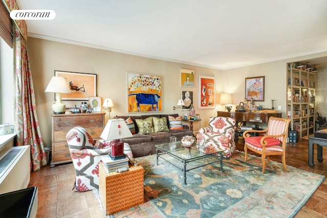 living room featuring crown molding