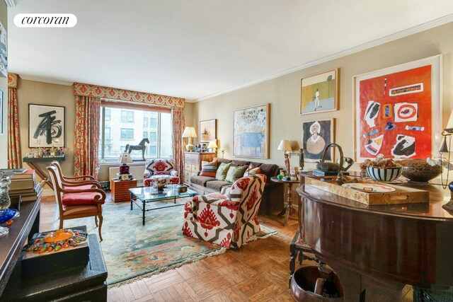 dining area with crown molding and parquet flooring