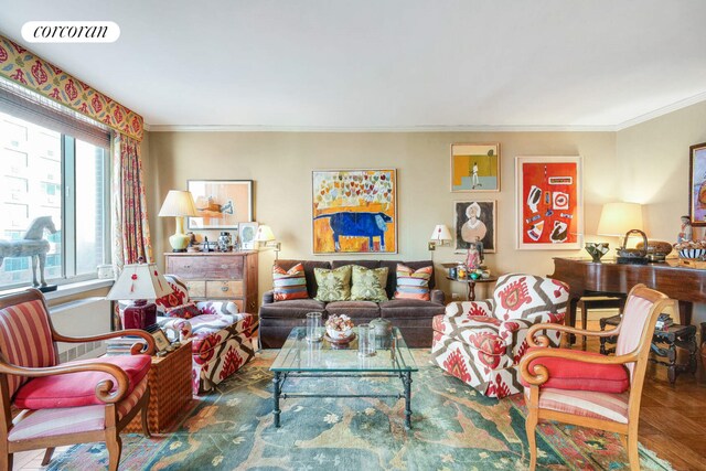 living area with ornamental molding and parquet flooring