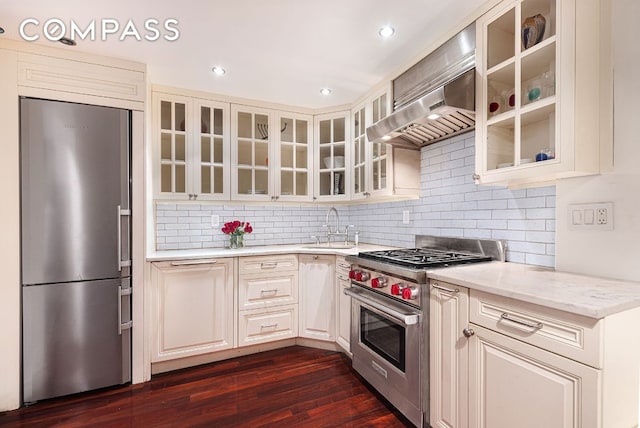 kitchen with sink, range hood, stainless steel appliances, dark hardwood / wood-style floors, and light stone counters