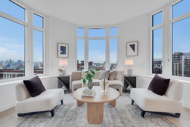 living room featuring baseboards, a city view, and wood finished floors