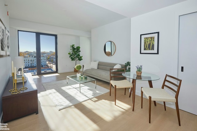 living area featuring a view of city, french doors, light wood-type flooring, and baseboards