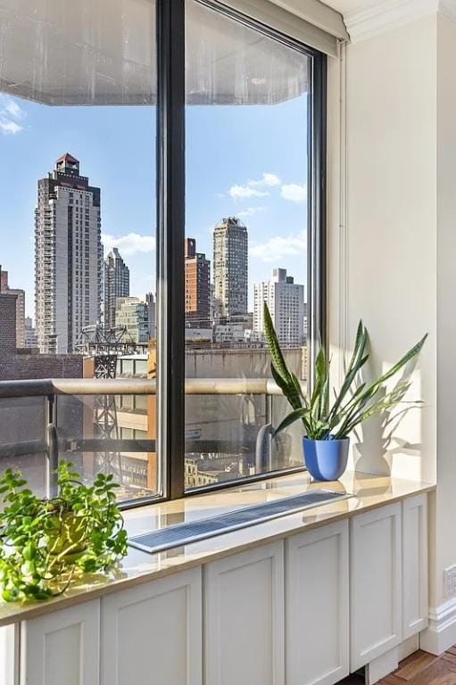 interior details featuring a view of city, wood finished floors, and crown molding