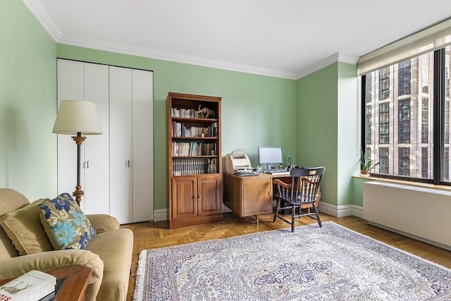 office featuring light parquet floors and crown molding