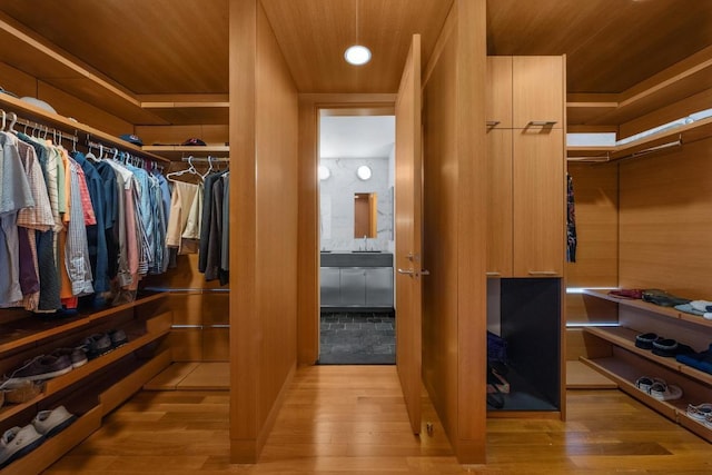 walk in closet with light hardwood / wood-style flooring