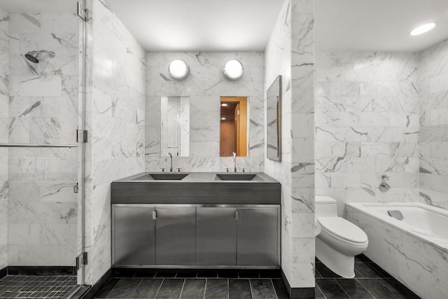 full bathroom featuring vanity, plus walk in shower, tile walls, and toilet