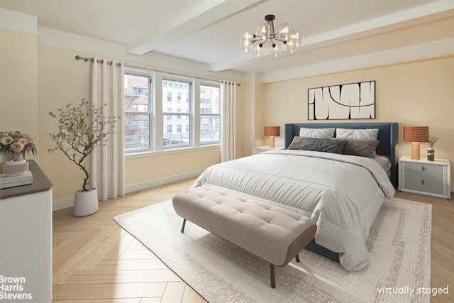 bedroom featuring light parquet flooring, a chandelier, and beamed ceiling