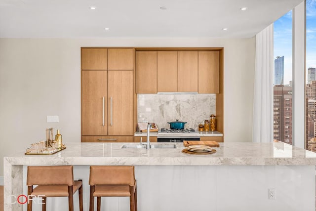 kitchen featuring tasteful backsplash, expansive windows, light stone countertops, and sink