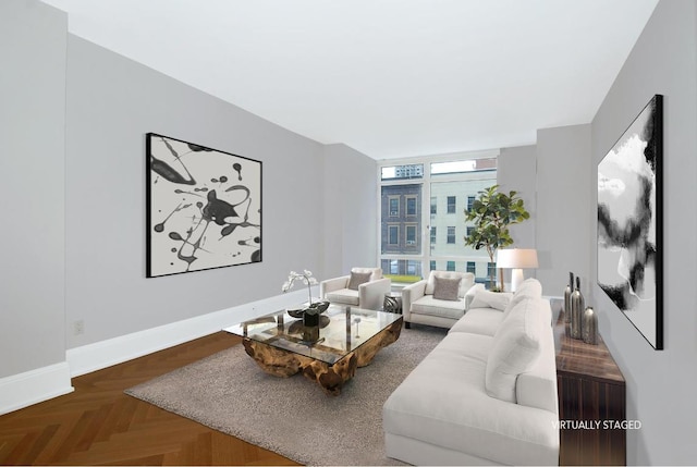 living room with parquet flooring and floor to ceiling windows