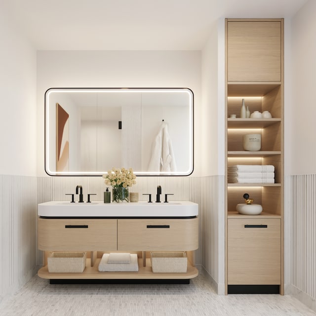 bathroom with double vanity and wainscoting