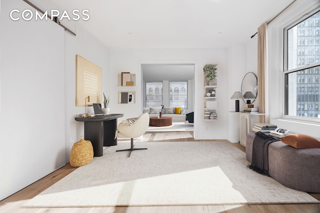 interior space with a barn door and wood finished floors