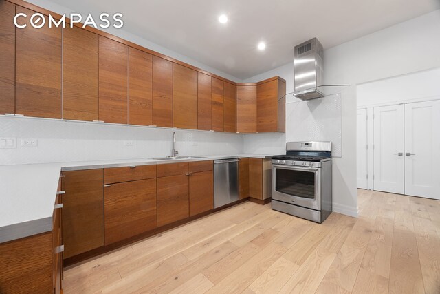 kitchen with sink, light hardwood / wood-style floors, wall chimney exhaust hood, and appliances with stainless steel finishes