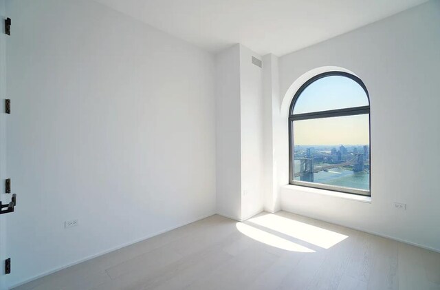 unfurnished room featuring light hardwood / wood-style flooring and a water view