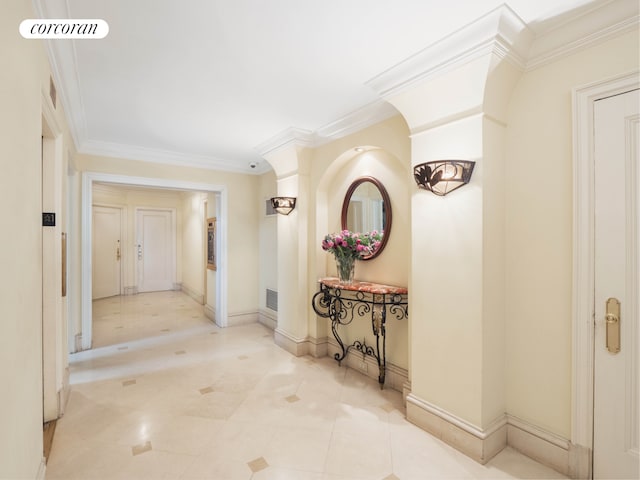 hallway with crown molding, tile patterned floors, and visible vents
