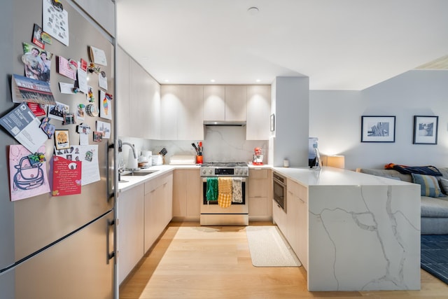 kitchen with light brown cabinetry, light wood-style flooring, stainless steel appliances, and a sink