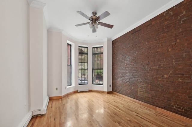 corridor featuring brick wall, hardwood / wood-style floors, baseboard heating, and baseboards