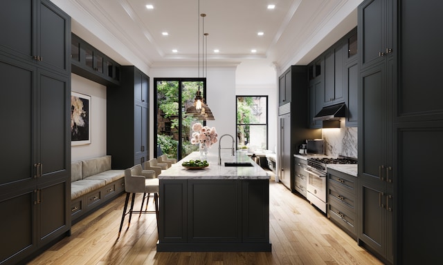 kitchen with premium appliances, crown molding, a sink, light stone countertops, and under cabinet range hood