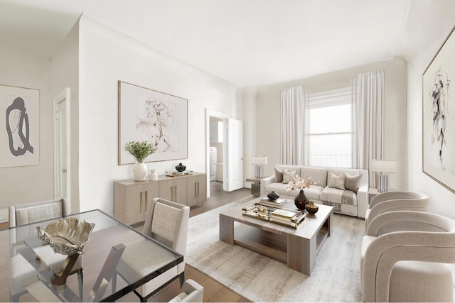 living room featuring hardwood / wood-style flooring and washer / dryer