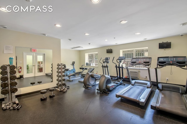 exercise room with recessed lighting, french doors, and baseboards