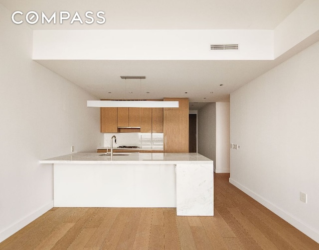 kitchen with sink, light hardwood / wood-style floors, and kitchen peninsula