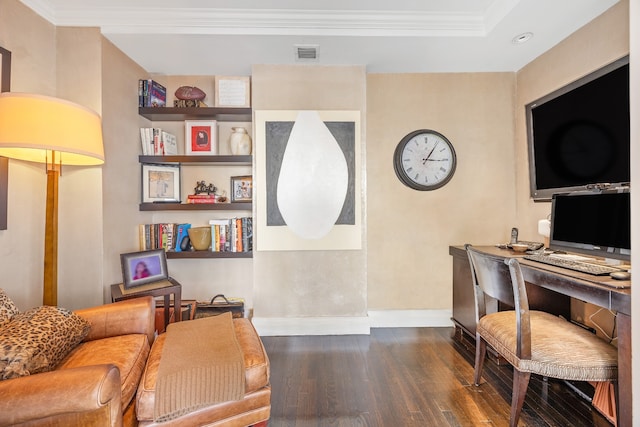 office area featuring dark wood-style flooring, visible vents, crown molding, and baseboards