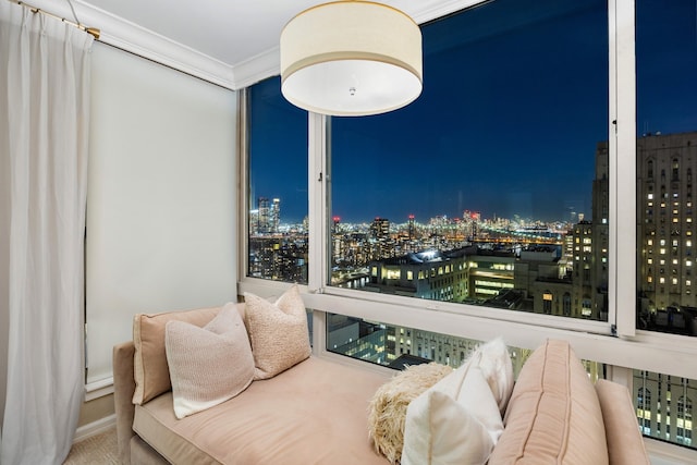 bedroom with a view of city lights and ornamental molding