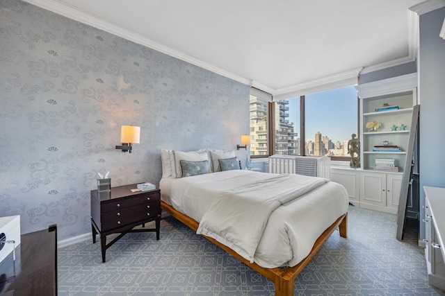 bedroom with ornamental molding, carpet, a view of city, and wallpapered walls