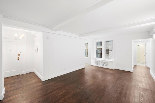 unfurnished room featuring beamed ceiling, dark hardwood / wood-style floors, and a notable chandelier