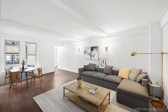 living room with beamed ceiling and dark hardwood / wood-style floors